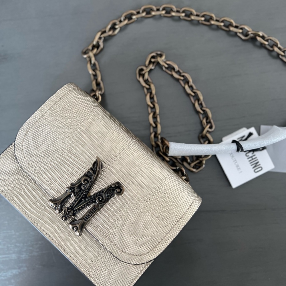MOSCHINO Logo Plaque Chain-Link Crossbody Bag